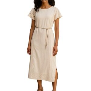 Scotch & Soda Maison Cream Embroidered Belted Long Dress Side Slit Size M
